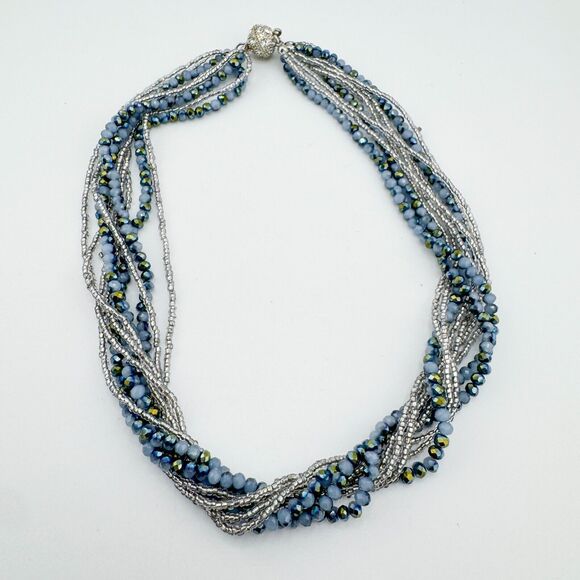 Premier Designs Necklace Layered Blue Aurora Borealis Seed Bead Strand Magnetic - Picture 7 of 10